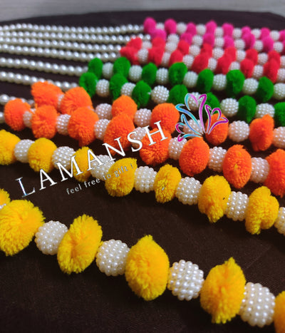 Lamansh Barati Swagat mala Asorted colours / Pom Pom Flowers & Pearls / 10 LAMANSH® Pack of 10 Pom Pom Floral Moti Pearl Barati Swagat Mala / Dupatta / Stole For Weddings, Perfect for Guest Welcome