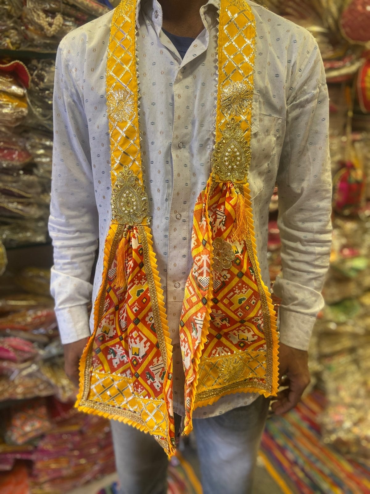 Lamansh Barati Swagat stoles LAMANSH® Gota Patti Designer Fabric Stoles for Guests Welcome / Barati Swagat Mala Dupatta in Patola Design / Patka's For Wedding