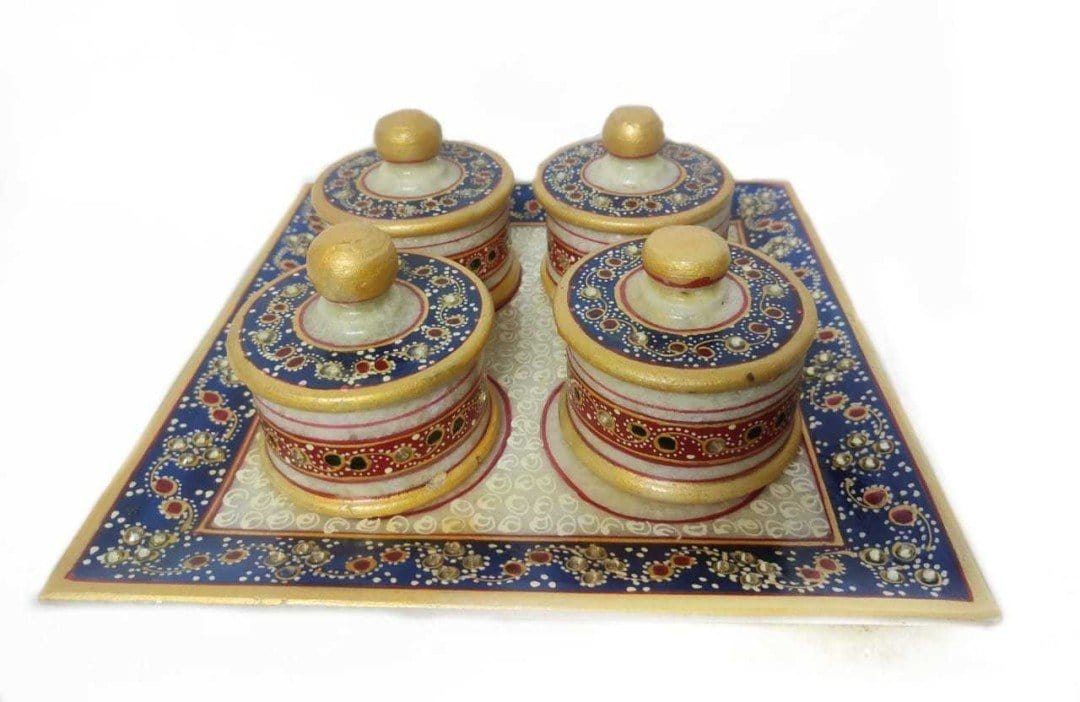 LAMANSH Bowl set Blue-White / Marble / 4 LAMANSH® Antique Handmade Marble Serving Tray with 4 Bowls/Meenakari Work, 