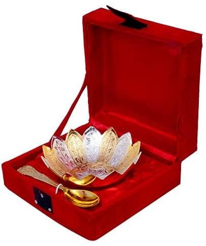 LAMANSH Bowl Set Silver - Gold / Brass / Standard LAMANSH® Silver Gold Plated Floral Cut Shaped Bowl Set with Velvet Box-Bowl and Spoon / German silver gift 🎁 products