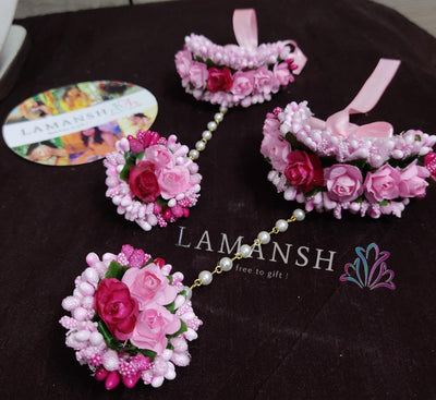 Lamansh bracelet attached to Ring Set Pink / Artificial flowers / Haldi ,Wedding,Engagement Lamansh® (Pack of 2) Floral Ring Bracelet Set for Engagement / Haldi / Floral Accessories set