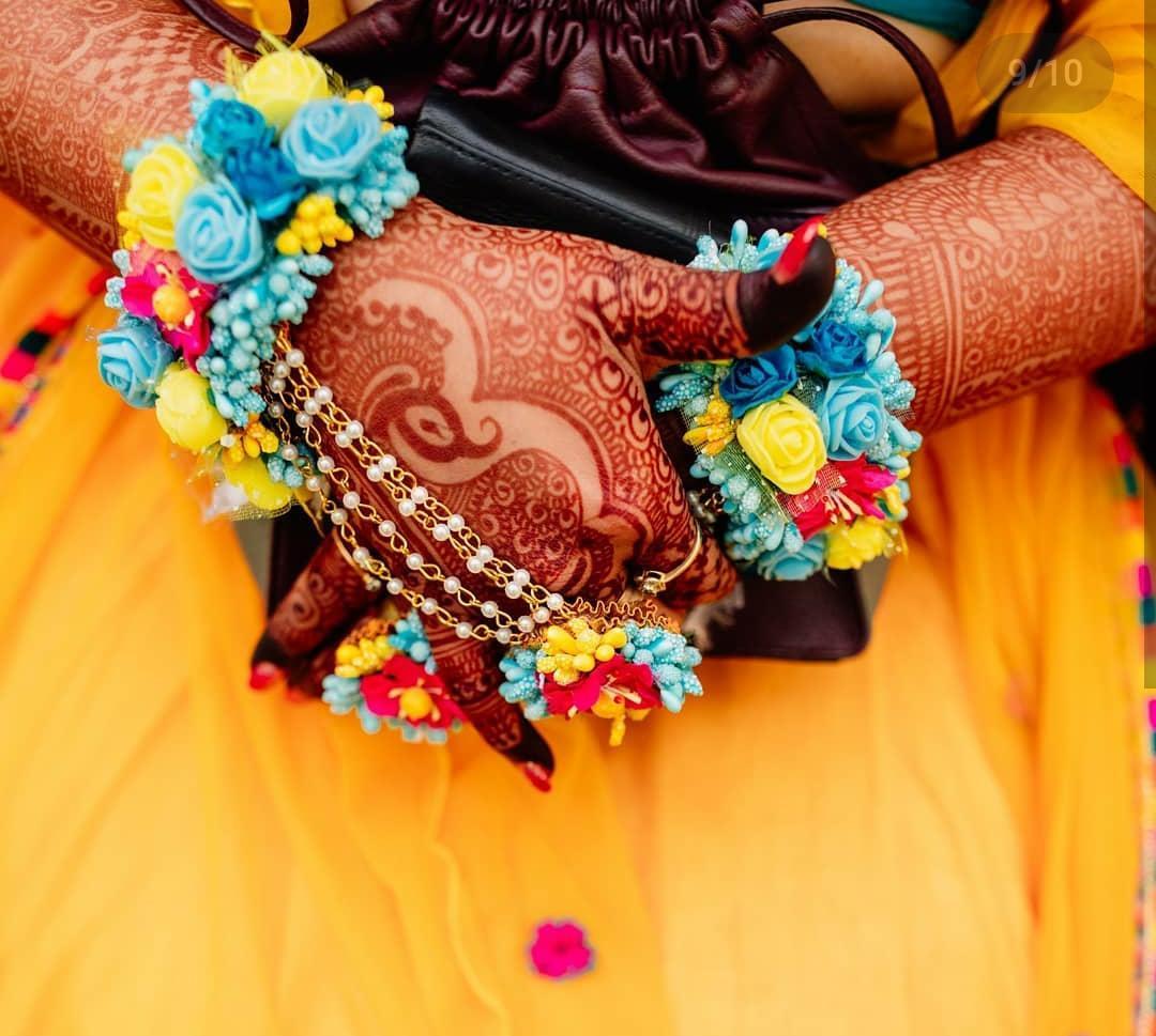 Lamansh Bracelet Ring Set Blue - Yellow - multi colour / Artificial flowers / Haldi ,Wedding,Engagement Lamansh™ Floral Ring Bracelet Set for Engagement / Haldi / Floral Accessories set