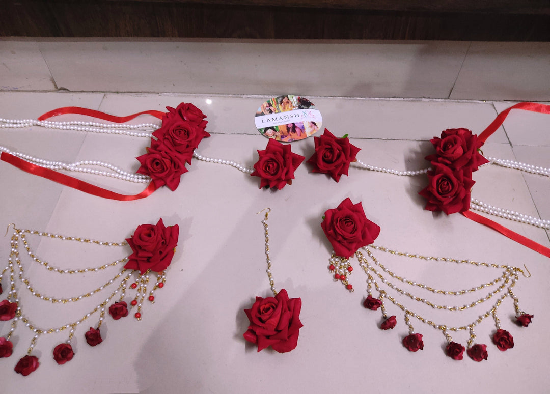 LAMANSH® Bridal Red Rose 🌹 Floral jewellery set with kalire for