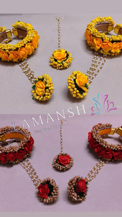 Lamansh Bracelet Ring Set LAMANSH® Floral Hathphools & Maangtika Set / Bridal Accessories / Bridesmaids Giveaways for Haldi Mehendi