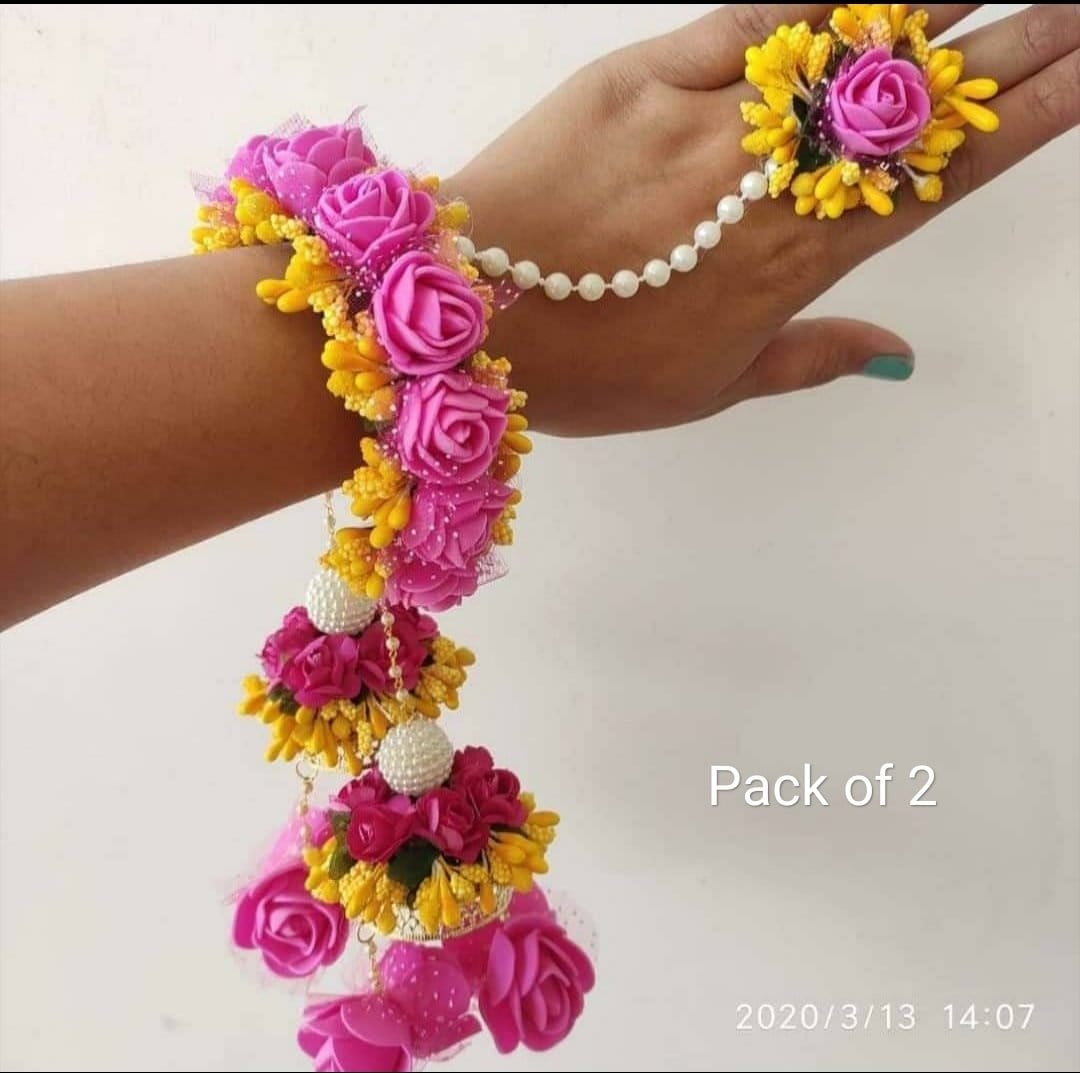 Lamansh Bracelet Ring Set Pink / Artificial flowers / Haldi ,Wedding,Engagement Lamansh™ Floral Ring Bracelet Set for Engagement / Haldi / Floral Accessories set