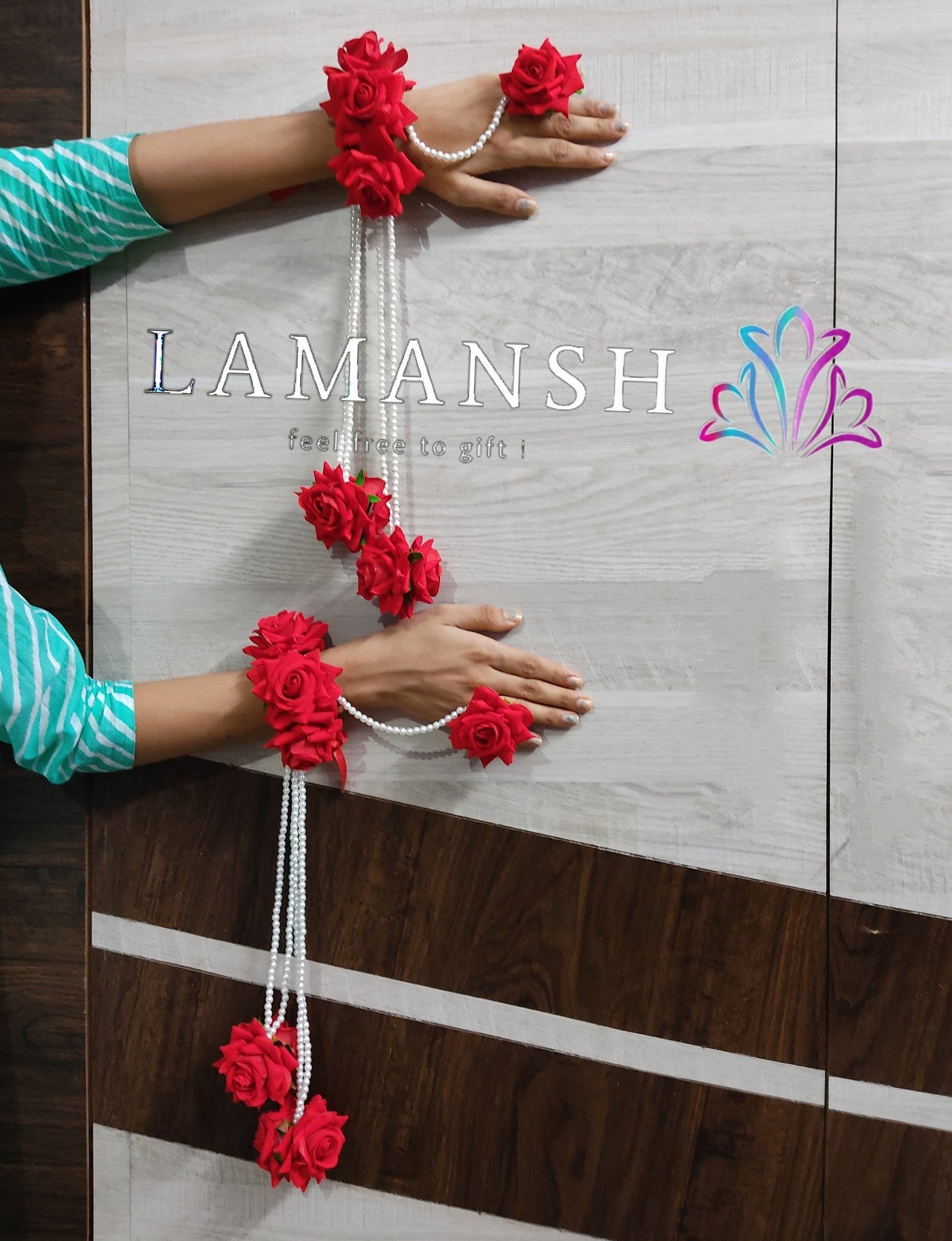 Lamansh Bracelet Ring Set Red / Artificial flowers / Haldi ,Wedding,Engagement Lamansh™ Red Rose Flower Ring Bracelet Set with Kalire for Engagement / Haldi / Floral Accessories set