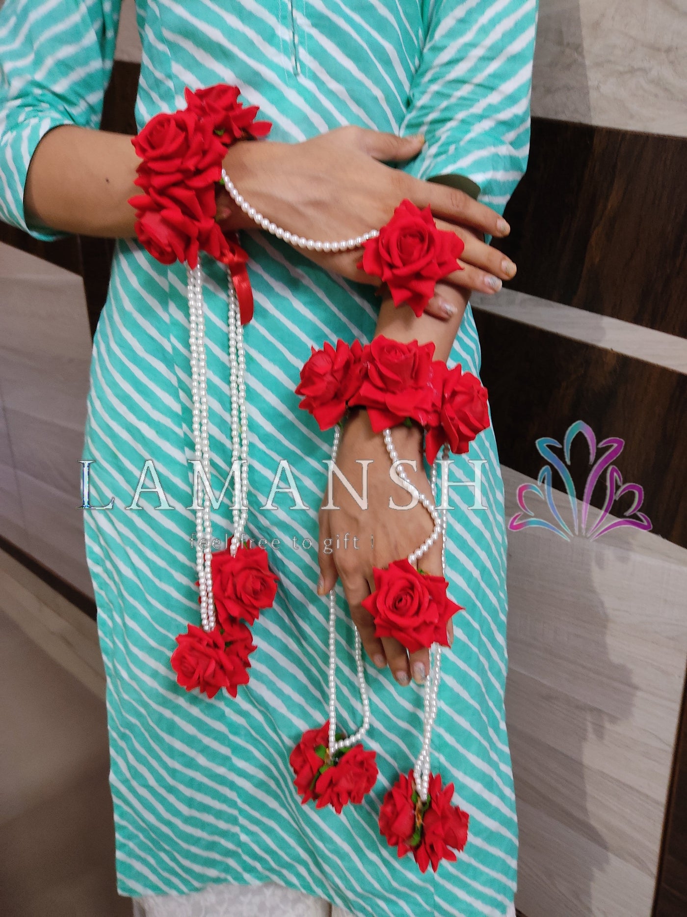 Lamansh Bracelet Ring Set Red / Artificial flowers / Haldi ,Wedding,Engagement Lamansh™ Red Rose Flower Ring Bracelet Set with Kalire for Engagement / Haldi / Floral Accessories set