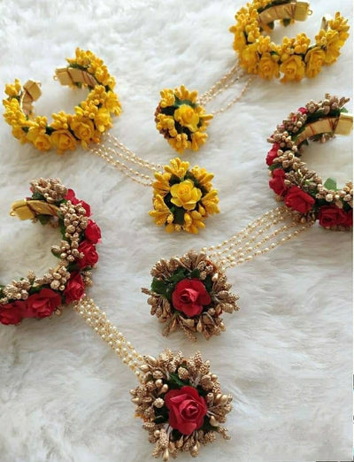Lamansh Bracelet Ring Set Red - Yellow - Gold / Artificial flowers / Haldi ,Wedding,Engagement Lamansh™ Floral Ring Bracelet Set for Engagement / Haldi / Set of 2 Pair Floral Accessories set
