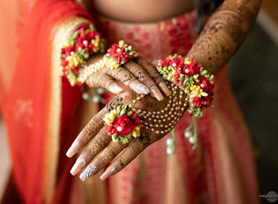 Lamansh Bracelet Ring Set Red -yellow- green / Artificial flowers / Haldi ,Wedding,Engagement Lamansh™ Floral Ring Bracelet Set for Engagement / Haldi / Floral Accessories set