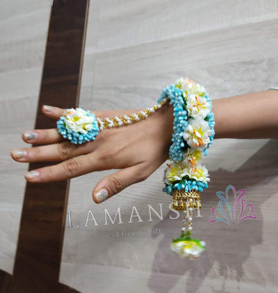 Lamansh Bracelet Ring Set SkyBlue-off White / Artificial flowers / Haldi ,Wedding,Engagement Lamansh™ Floral Ring Bracelet Set for Engagement / Haldi / Floral Accessories set