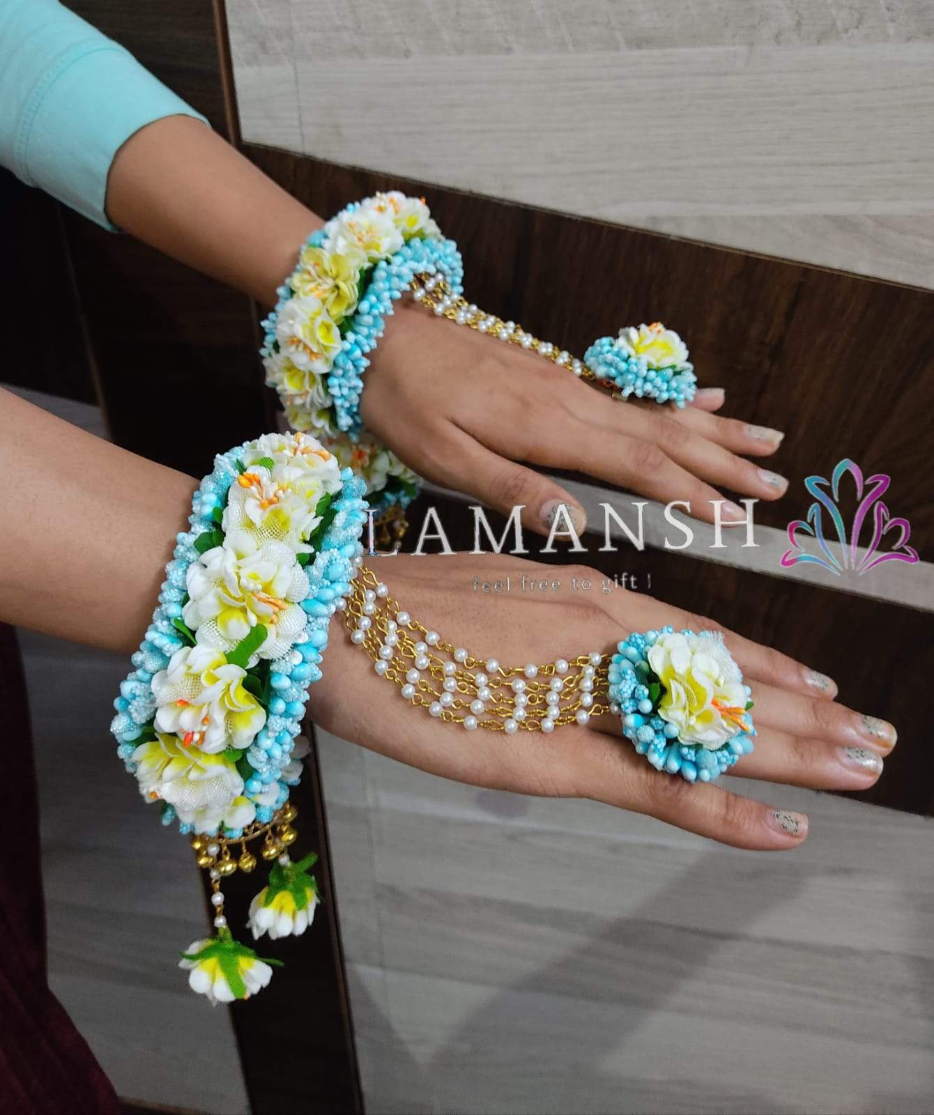 Lamansh Bracelet Ring Set SkyBlue-off White / Artificial flowers / Haldi ,Wedding,Engagement Lamansh™ Floral Ring Bracelet Set for Engagement / Haldi / Floral Accessories set