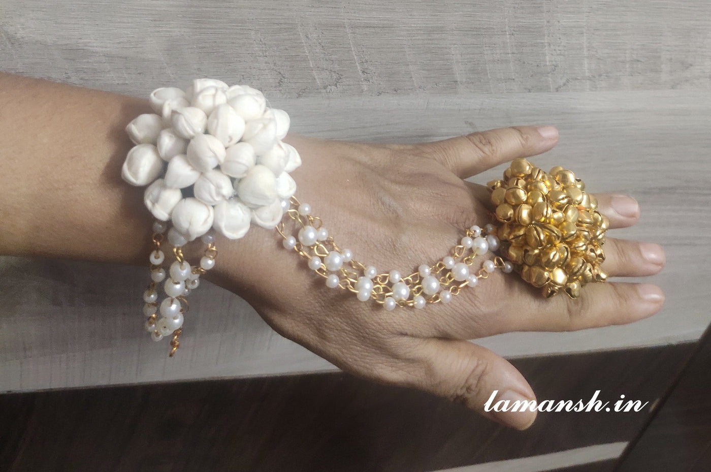 Lamansh Bracelet Ring Set White / Artificial Mogra flowers & Ghungroo / Haldi ,Wedding,Engagement Lamansh™ 1 Pair Floral Mogra Bracelet Set with Ghungroo for Engagement / Haldi / Floral Accessories set