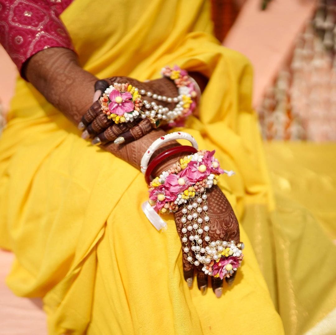 Lamansh Bracelet Ring Set Yellow Peach Pink & White LAMANSH® Flower Hathphools / Floral 🌺 Bracelet attached to ring Set for engagement / Haldi / Floral Accessories set