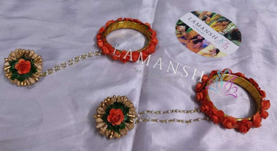 LAMANSH ® bracelet Set Orange / Artificial flowers / Haldi ,Wedding,Engagement LAMANSH® ( Pack of 1 Pair) Floral Ring Attached to Bangles Set for Engagement / Haldi / Floral Accessories set