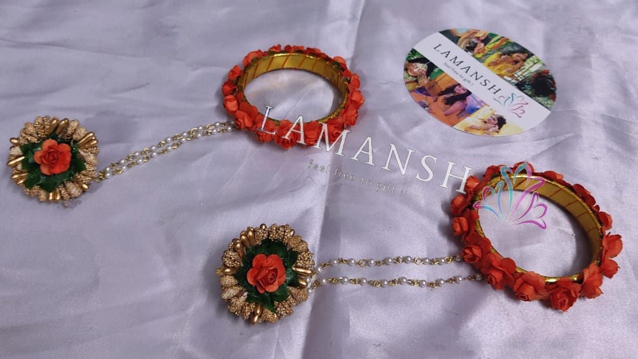 LAMANSH ® bracelet Set Orange / Artificial flowers / Haldi ,Wedding,Engagement LAMANSH® ( Pack of 10 Pair) Floral Ring Attached to Bangles Set for Engagement / Haldi / Floral Accessories set