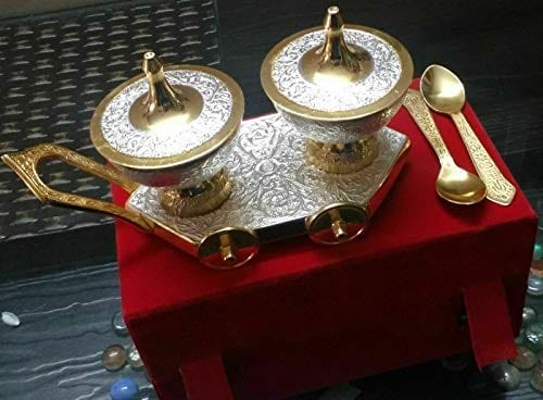 LAMANSH ® brass bowl trolley set Silver& Gold Plated LAMANSH Silver & Gold Plated Brass Bowl Set on Trolley Velvet Box Best Deepawali Gift / German Silver Articles