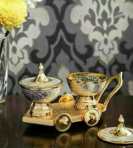 LAMANSH Silver Gold Plated Brass Bowl Set on Trolley Velvet Box Best Deepawali Gift German Silver Articles