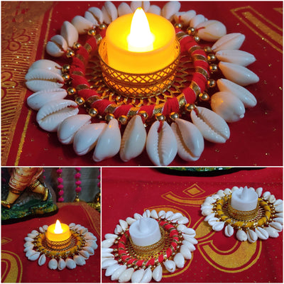 LAMANSH Candle Holders LAMANSH® 5 inch Round Gota Chudi Shells 🐚Candle holder stand for Diwali and Home Decoration / Tealight Candle holders for Festival ✨ giveaways