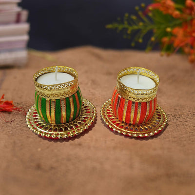 Lamansh Candle Holders LAMANSH® Drum dholak Tealight Candle Holder with metal base chudi/ Diya Decorated with Tea Lights For Pooja Mandir, Diwali decor / Festive decor product