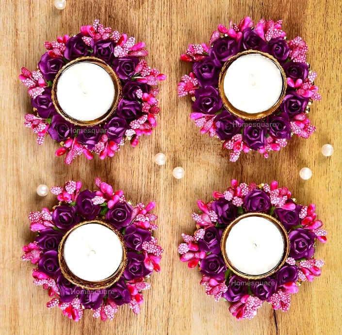 LAMANSH ® Candle Holders Pink LAMANSH® Set of 4 Floral 🌺 Alloy Tealight Holder Diwali Diya with Artificial Flowers (Pink)