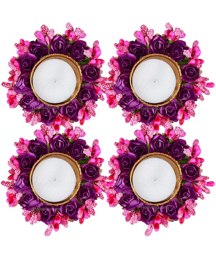 LAMANSH ® Candle Holders Pink LAMANSH® Set of 4 Floral 🌺 Alloy Tealight Holder Diwali Diya with Artificial Flowers (Pink)