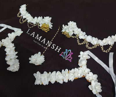 LAMANSH celebrity flower jewellery LAMANSH® Gorgeous 🤍 Snowy White Floral Jewellery Set / Earrings , Maangtika & Hathphools set