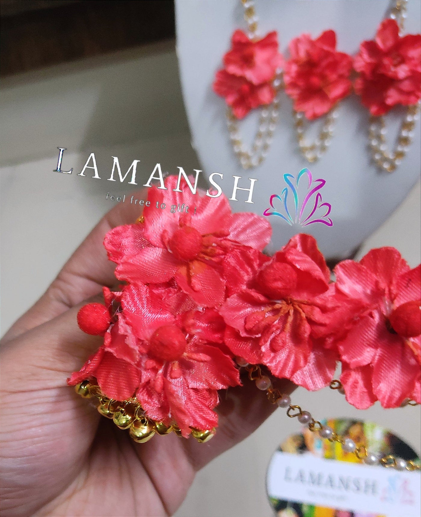 LAMANSH celebrity flower jewellery LAMANSH® Signature Silk Red Floral Jewellery Set / Necklace , Earrings , Maangtika & Hathphools set for Haldi ceremony❤️