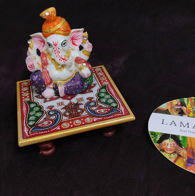 LAMANSH Chowki Ganesh ji LAMANSH® Marble Painted Pagdi Ganeshji Placed on Chowki /Marble Chowki Ganesh for Pooja 🕉 return gifting