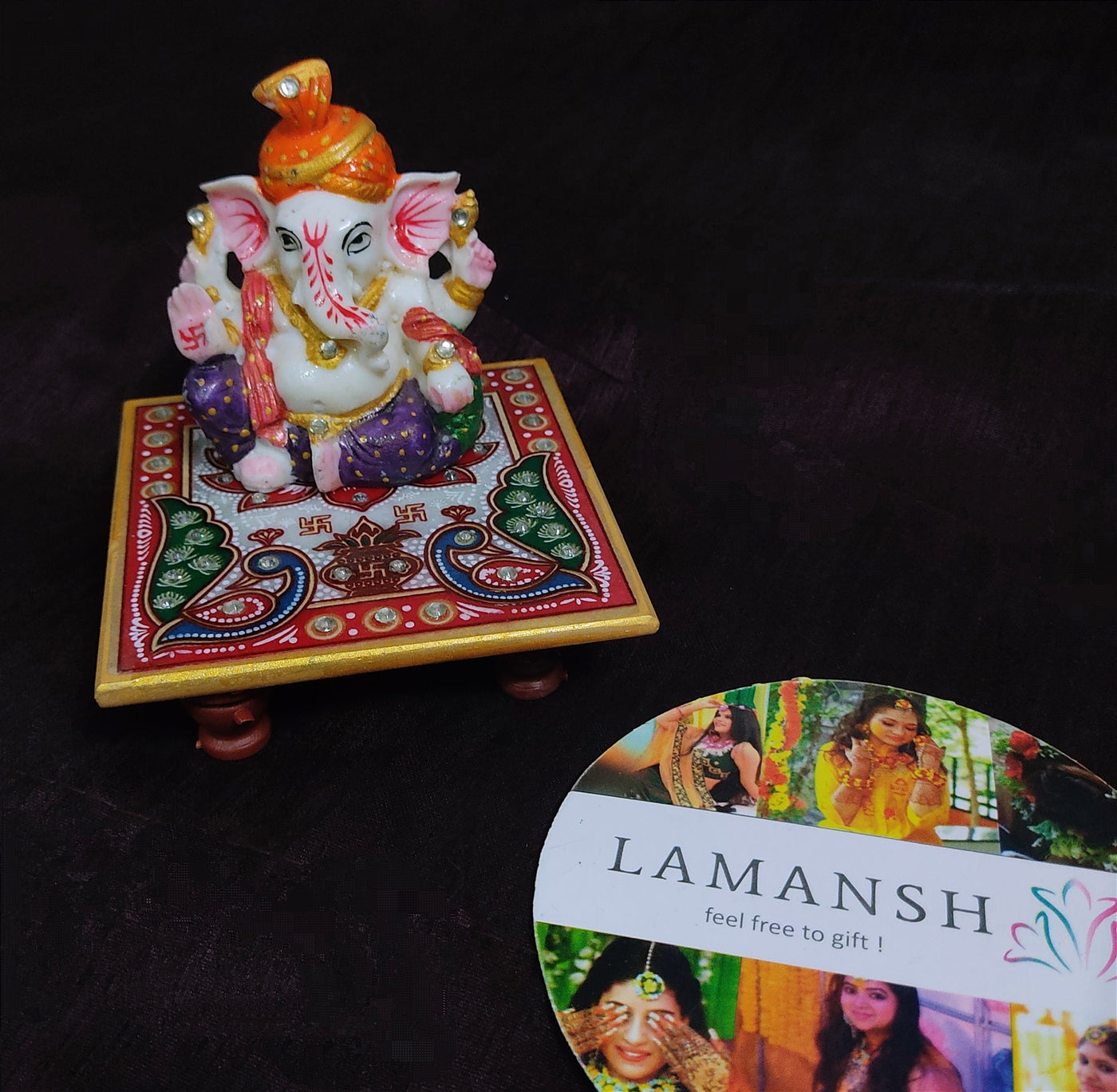 LAMANSH Chowki Ganesh ji LAMANSH® Marble Painted Pagdi Ganeshji Placed on Chowki /Marble Chowki Ganesh for Pooja 🕉 return gifting