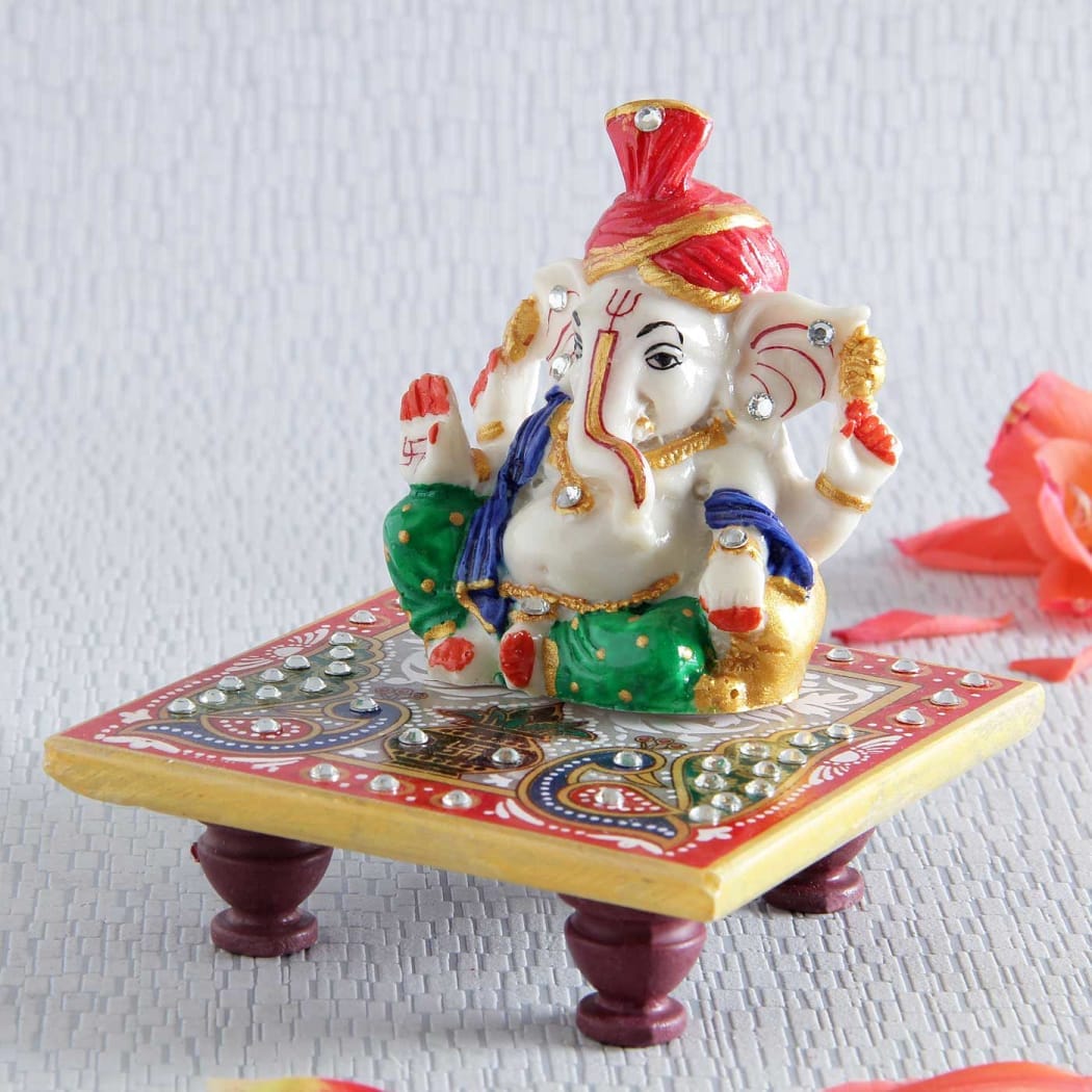 LAMANSH ® chowki ganesh ji Multicolor LAMANSH Meenakari Pagdi Marble Ganesha With Chowki / Mangal Path Gifts 🎁 for Pooja