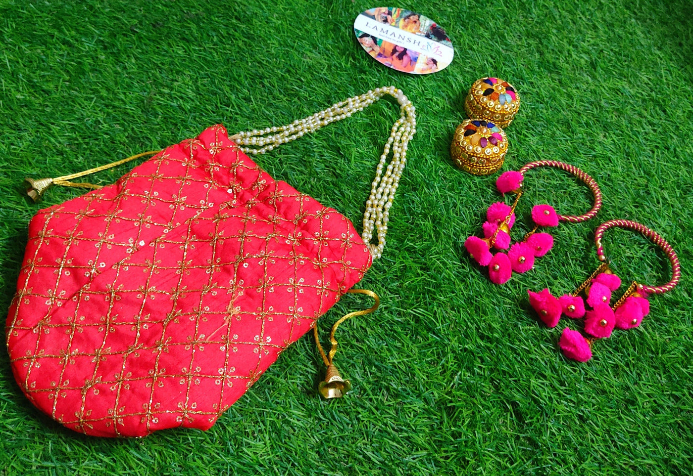 Lamansh combo gift favor LAMANSH® Gift 🎁 Favour Combo ( Set of 1 Potli Bag + 2 Kade Bracelets + 2 Kumkum boxes )