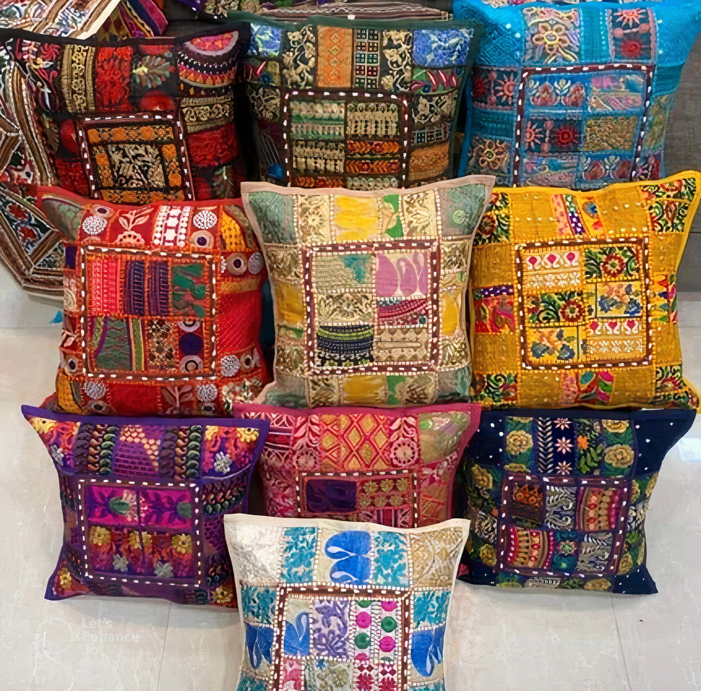 Lamansh cushion covers LAMANSH® Rajasthani Cotton Cushion Cover Embroidery Patchwork, Pillow Case Cushion Covers for Sofa Living Room 🛋️ (16x16 inch NEW COLORS ADDED)