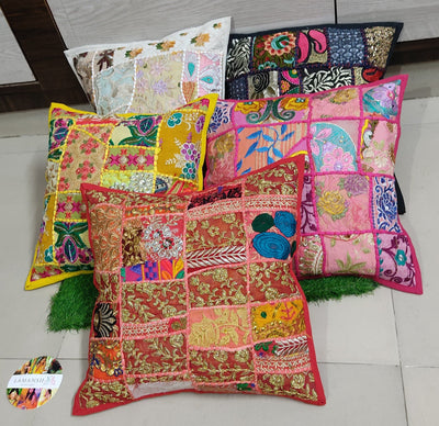 Lamansh cushion covers LAMANSH® Set of 5 Rajasthani Cotton Cushion Cover Embroidery Patchwork, Pillow Case Cushion Covers for Sofa Living Room Cushion Cover for Haldi Mehendi Wedding Decoration ✨ (16x16 inch Multi Color)