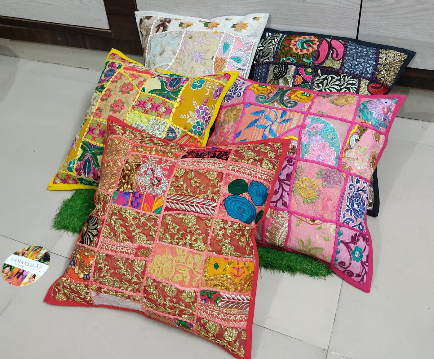LAMANSH Rajasthani Cotton Cushion Cover Embroidery Patchwork