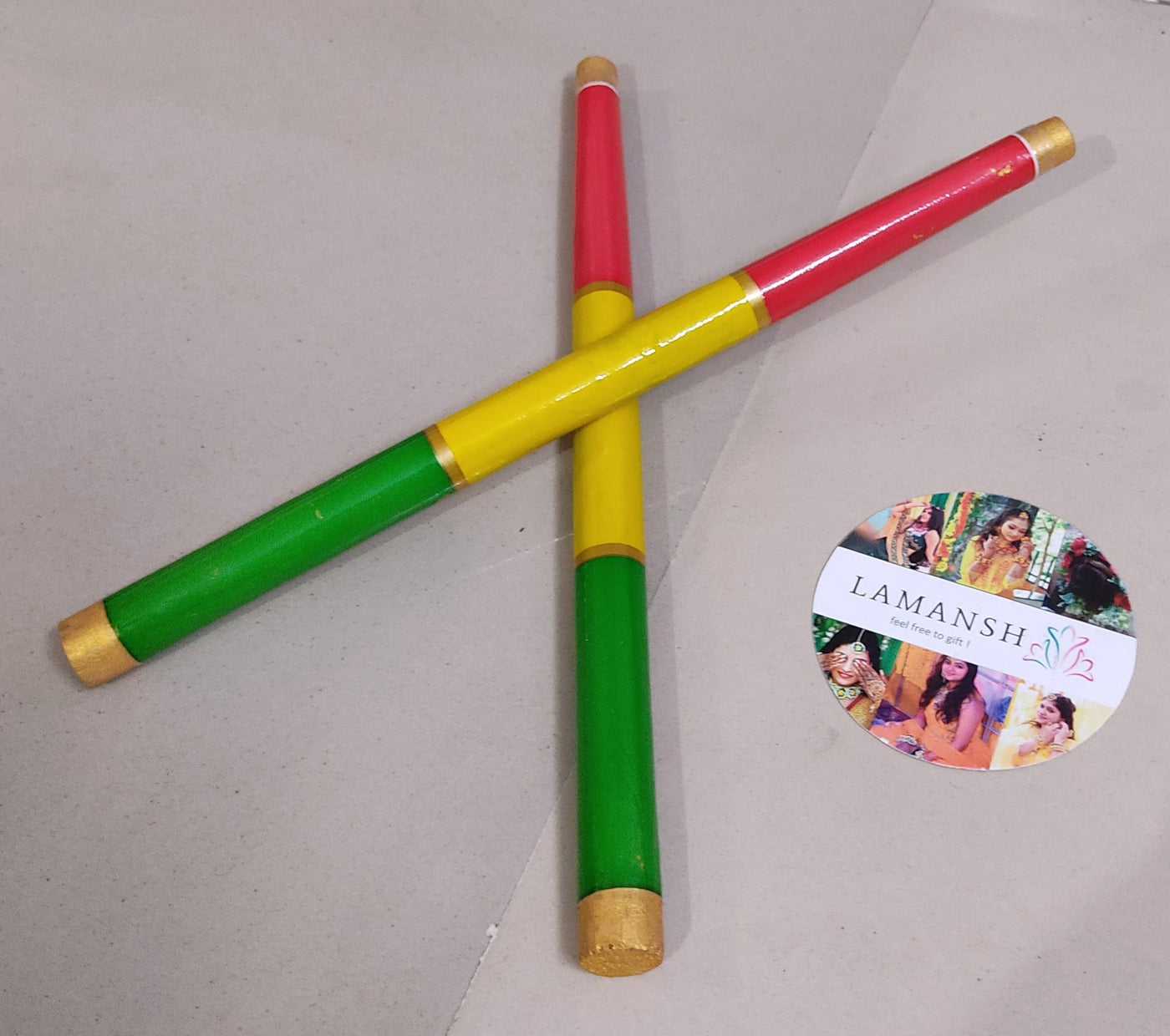 LAMANSH dandiya Wholesale Pack of 100 Pairs Thick Quality PVC Coated Wooden 3 Color Dandiya 🥢sticks ( 15 inches length) for Dance - Navratri Festval Multi Color Garba Sticks /  Dandiya Sticks💃🥢For Garba