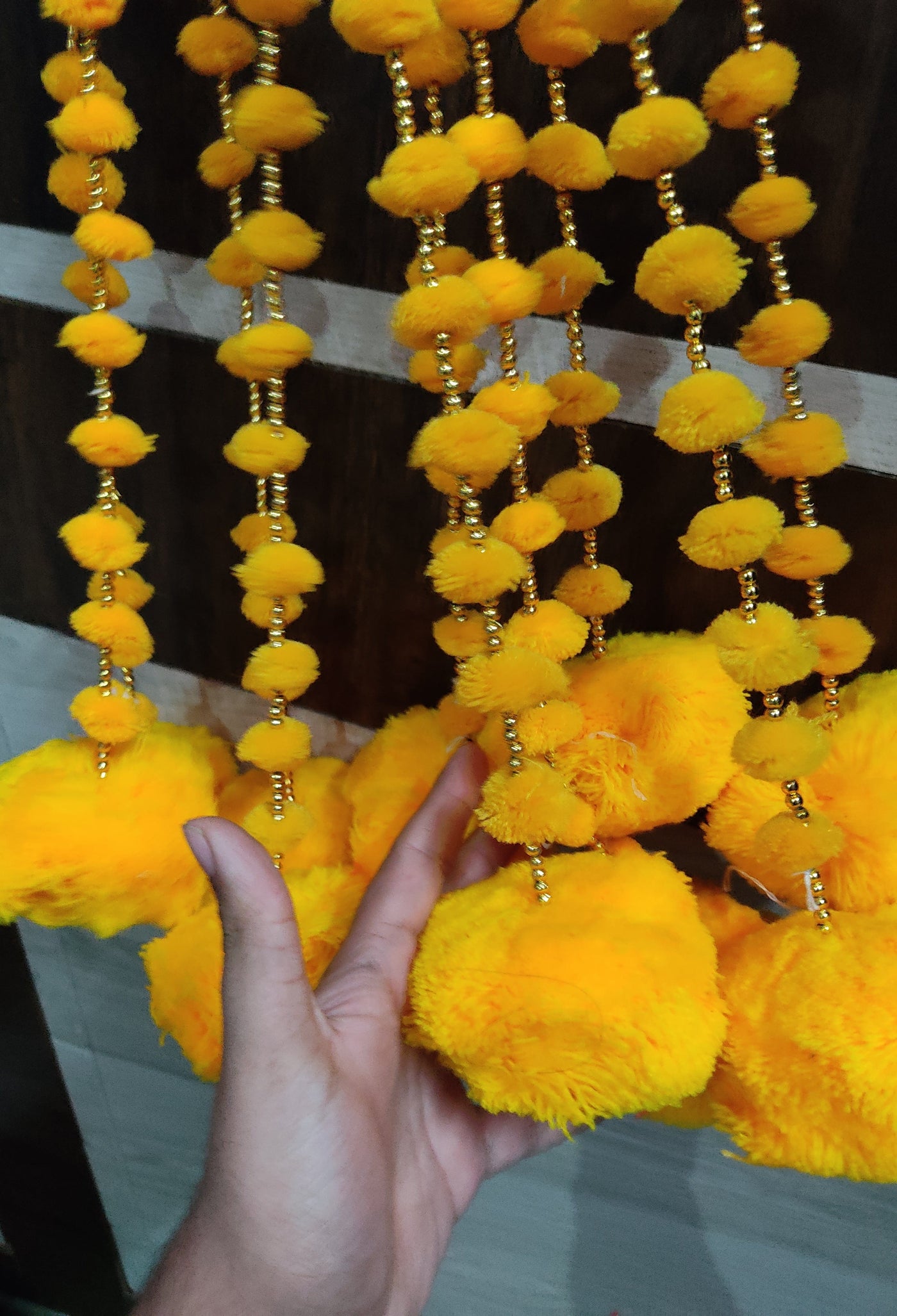 LAMANSH Decor LAMANSH® ( 4 Feet ) Pack of 50 Wool Pom Pom Hangings for Home Decor / Front Door Diwali Wedding Pom Poms Beads Bells Latkans for Backdrop event decoration