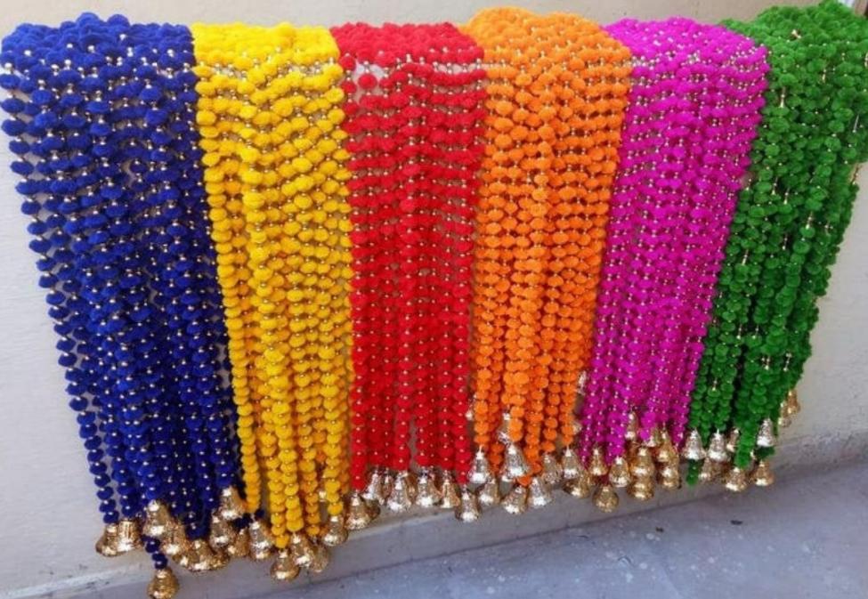 LAMANSH Decor Mix colors / 5ft. / 50 LAMANSH® Pack of 50 Hanging Line Latkans for Home Decor Front Door Diwali Wedding 5 Feet Long Pom Poms Beads Bells Latkans Various Colours and Designs