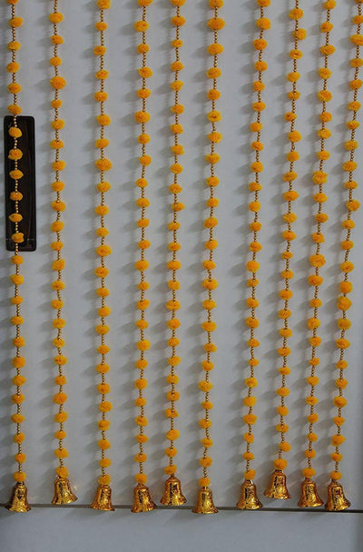 LAMANSH Decor Yellow / 5ft height / 10 hangings LAMANSH® Pack of 10 Hanging Line Latkans for Home Decor Front Door Diwali Wedding, 5 feet Long Pom Pom Beads Bells Latkans Various Colours and Designs