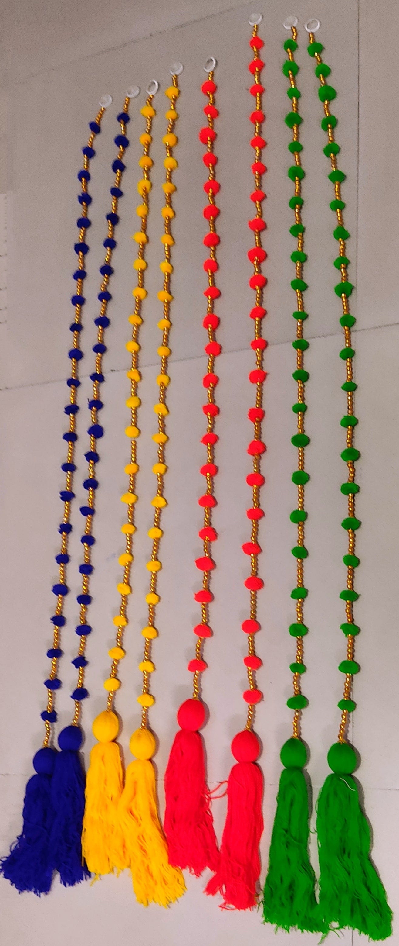 LAMANSH Decorative hanging LAMANSH® Pack of 20 (5 feet) Pom Pom X Tassels Hanging Line Latkans for Home Decor Front Door Diwali Wedding / Pom Poms Beads hangings with woolen tassels