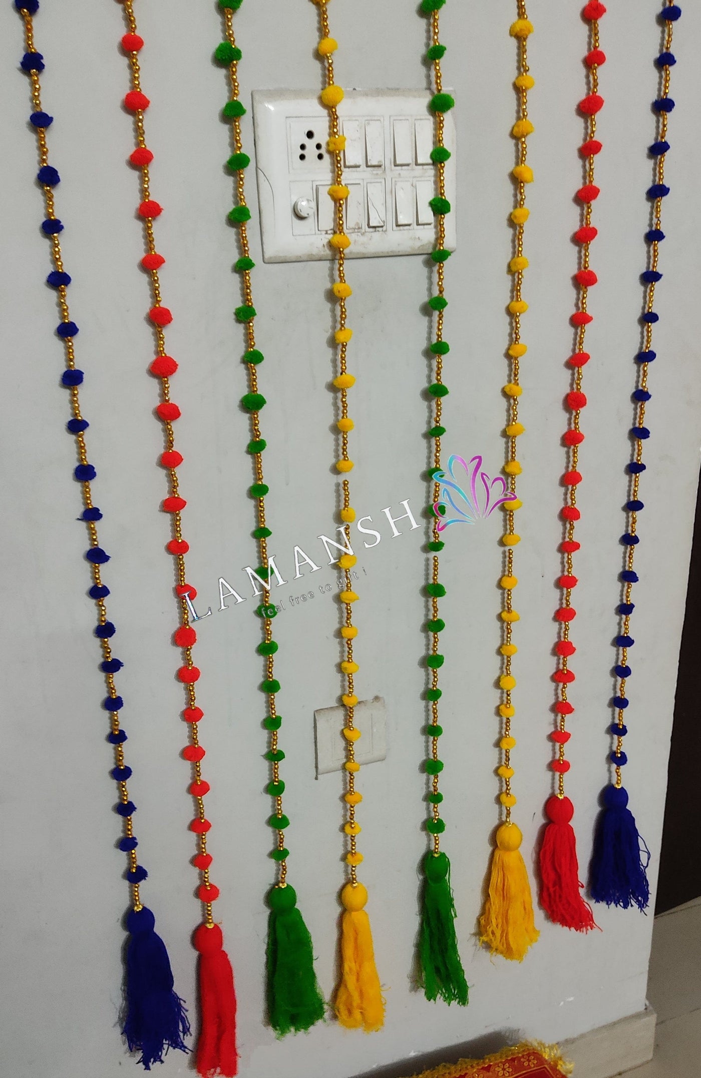 LAMANSH Decorative hanging LAMANSH® Pack of 20 (5 feet) Pom Pom X Tassels Hanging Line Latkans for Home Decor Front Door Diwali Wedding / Pom Poms Beads hangings with woolen tassels