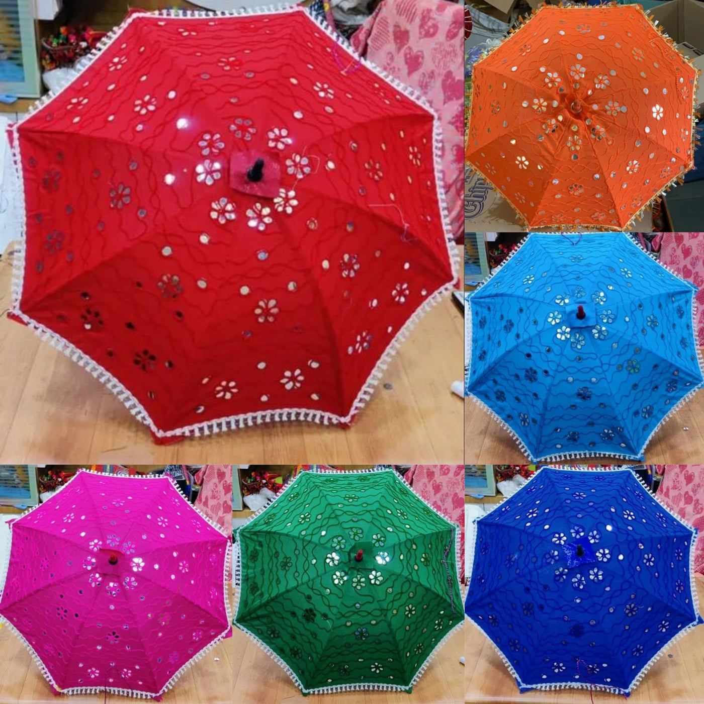 LAMANSH Decorative umbrella LAMANSH® ( Pack of 50 ) Mirror Work Decorative Umbrella's for Indian Wedding decoration / Rajasthani umbrella's for Haldi mehendi pooja decoration / event backdrop (video attached)