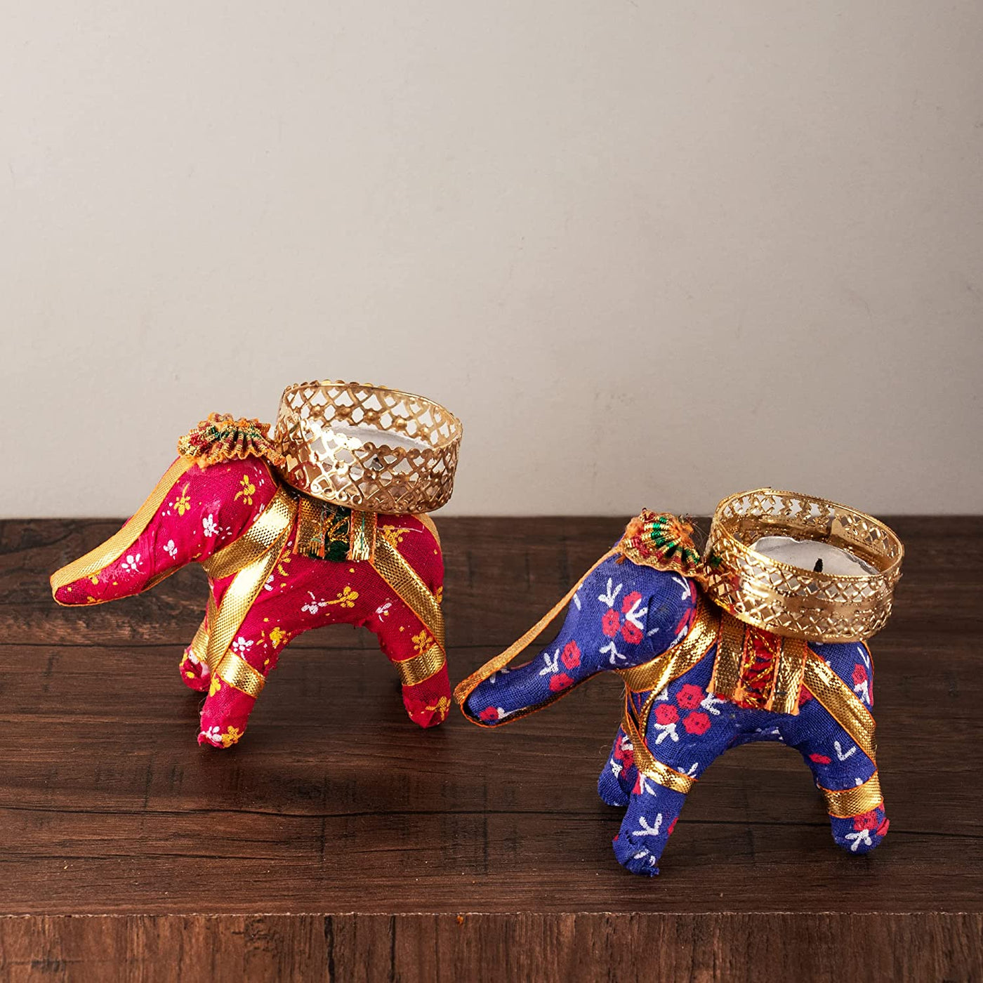 LAMANSH Diwali Light 💥 Wood / Multicolor / 24 New Jaipur Handicraft Pack of 24  Elephant Tea light Candle Holder ( Candles Included)