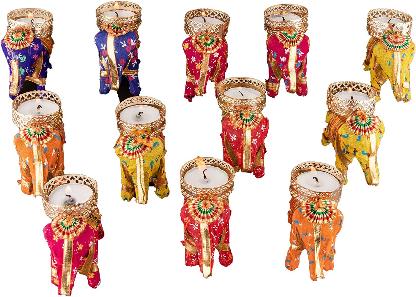 LAMANSH Diwali Light 💥 Wood / Multicolor / 24 New Jaipur Handicraft Pack of 24  Elephant Tea light Candle Holder ( Candles Included)