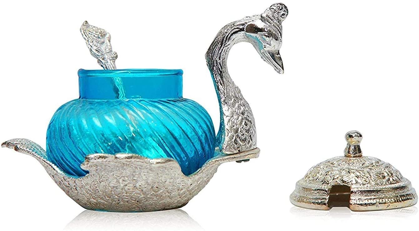 LAMANSH Duck Bowl Set Silver-SkyBlue / Glass / Standard LAMANSH® Decor & Gifts Oxidize Metal Home Decor Duck Shape Sky Blue Colored Glass Bowl Tray Set (Silver Blue SP) Perfect for Gifting 🎁 in Diwali