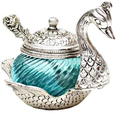 LAMANSH Duck Bowl Set Silver-SkyBlue / Glass / Standard LAMANSH® Decor & Gifts Oxidize Metal Home Decor Duck Shape Sky Blue Colored Glass Bowl Tray Set (Silver Blue SP) Perfect for Gifting 🎁 in Diwali
