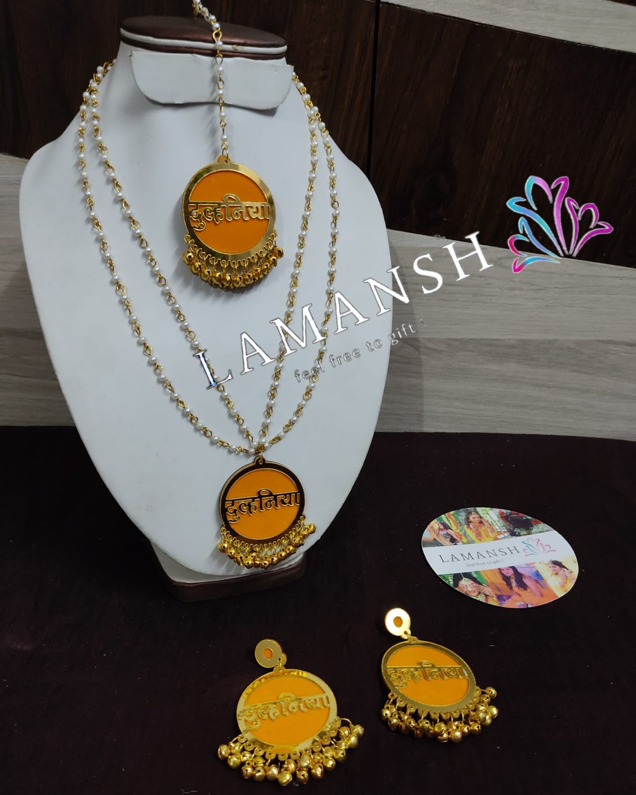 Lamansh dulhaniyaa set 1 Necklace , 2 Earrings & 1 Maangtika / Yellow LAMANSH® Bridal DULHANIYA (Multi-time use) Jewellery Set For Women & Girls