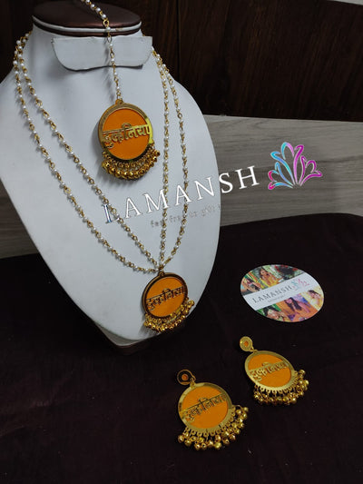 Lamansh dulhaniyaa set 1 Necklace , 2 Earrings & 1 Maangtika / Yellow LAMANSH® Bridal DULHANIYA (Multi-time use) Jewellery Set For Women & Girls
