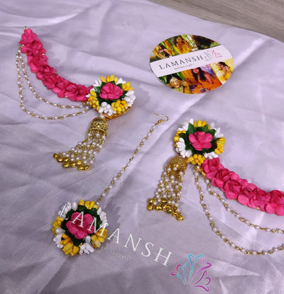 Lamansh Earring, Maangtika Multicolor / Standard / Haldi & Mehendi Lamansh® Floral Maangtika & Floral Earrings With Extended clips For Bridesmaid