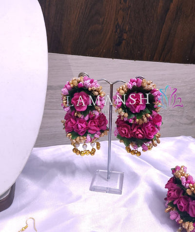 LAMANSH Earring Set Dark pink - Gold / Artificial Flower / Haldi ,Wedding, Engagement Lamansh® 1 Pair Jhumki Floral Earrings Set for Women / Floral Accessories set