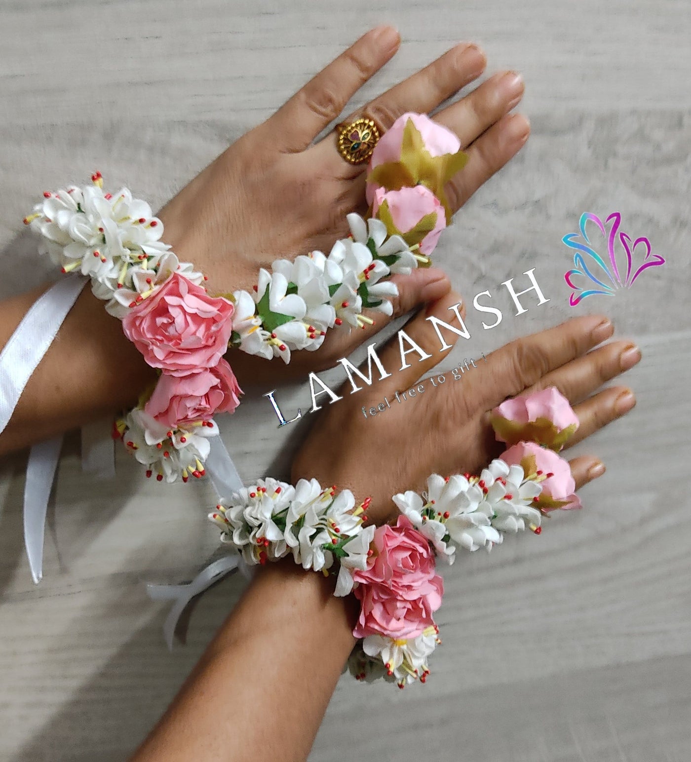 Lamansh Earrings, Bracelets & Maangtika 2 Earrings, 2 Bracelets attached to Ring & 1 Maangtika / Pink LAMANSH® Latest Style Floral 🌺 Jewellery set for Haldi / Bridal Flower Jewellery Set